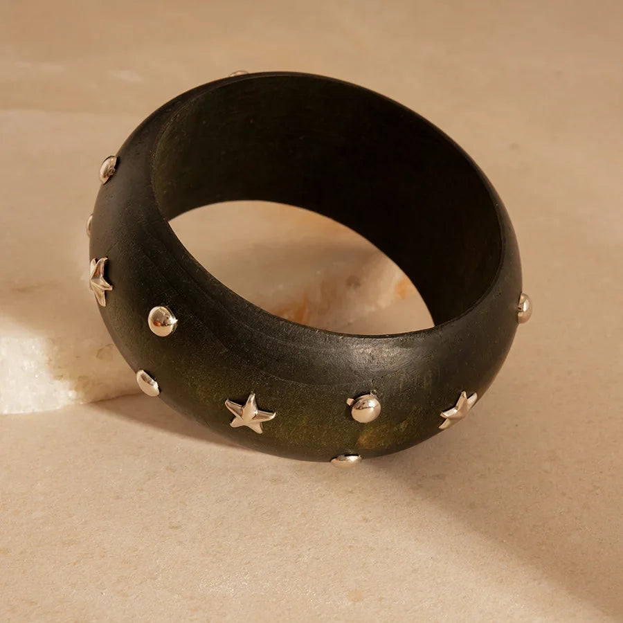Natural Wooden Square Round Hip Hop  Rivet Beads Wide Bangles Bracelet