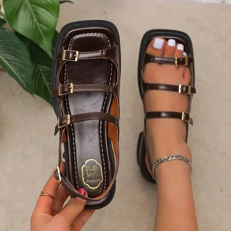 Platform High Heel Non-slip Square Toe Buckle Strap Shoes