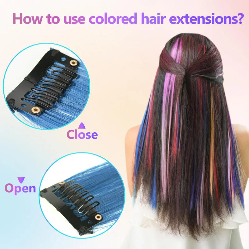 1 5 11 Pcs/lot Clip in Hair Extensions Highlights Synthetic Hair 22 inch Rainbow