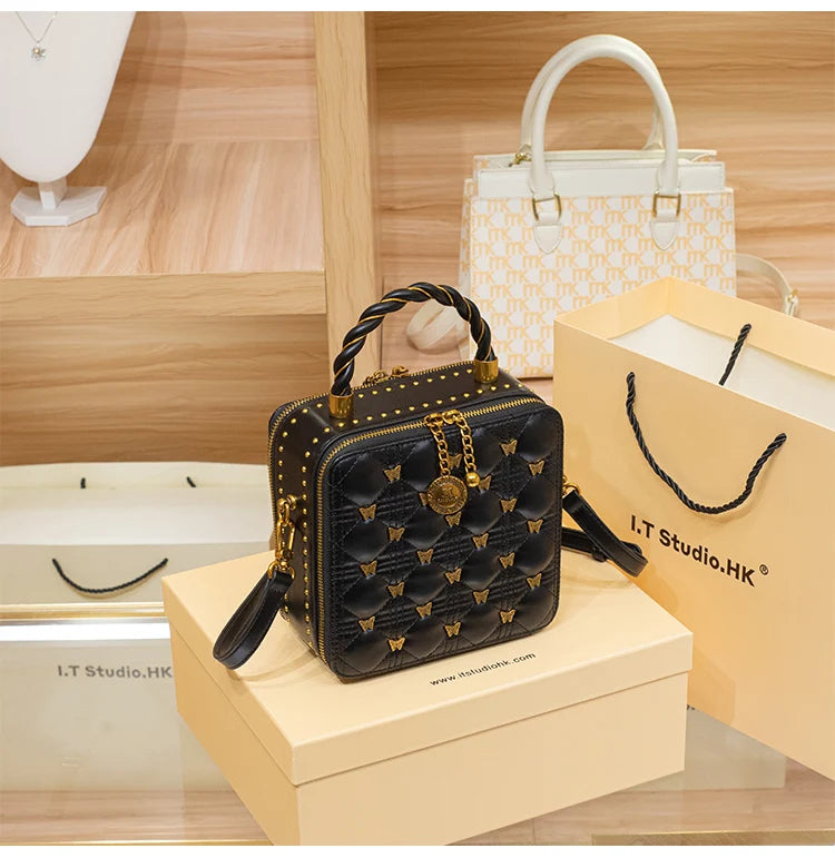 Leather bucket small square bag