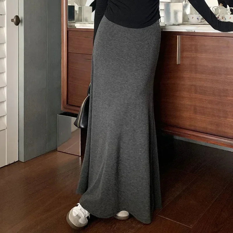 Gray Knitted Hip Wrap High Waist Fish Tail Midi Skirts