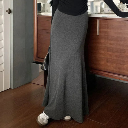 Gray Knitted Hip Wrap High Waist Fish Tail Midi Skirts