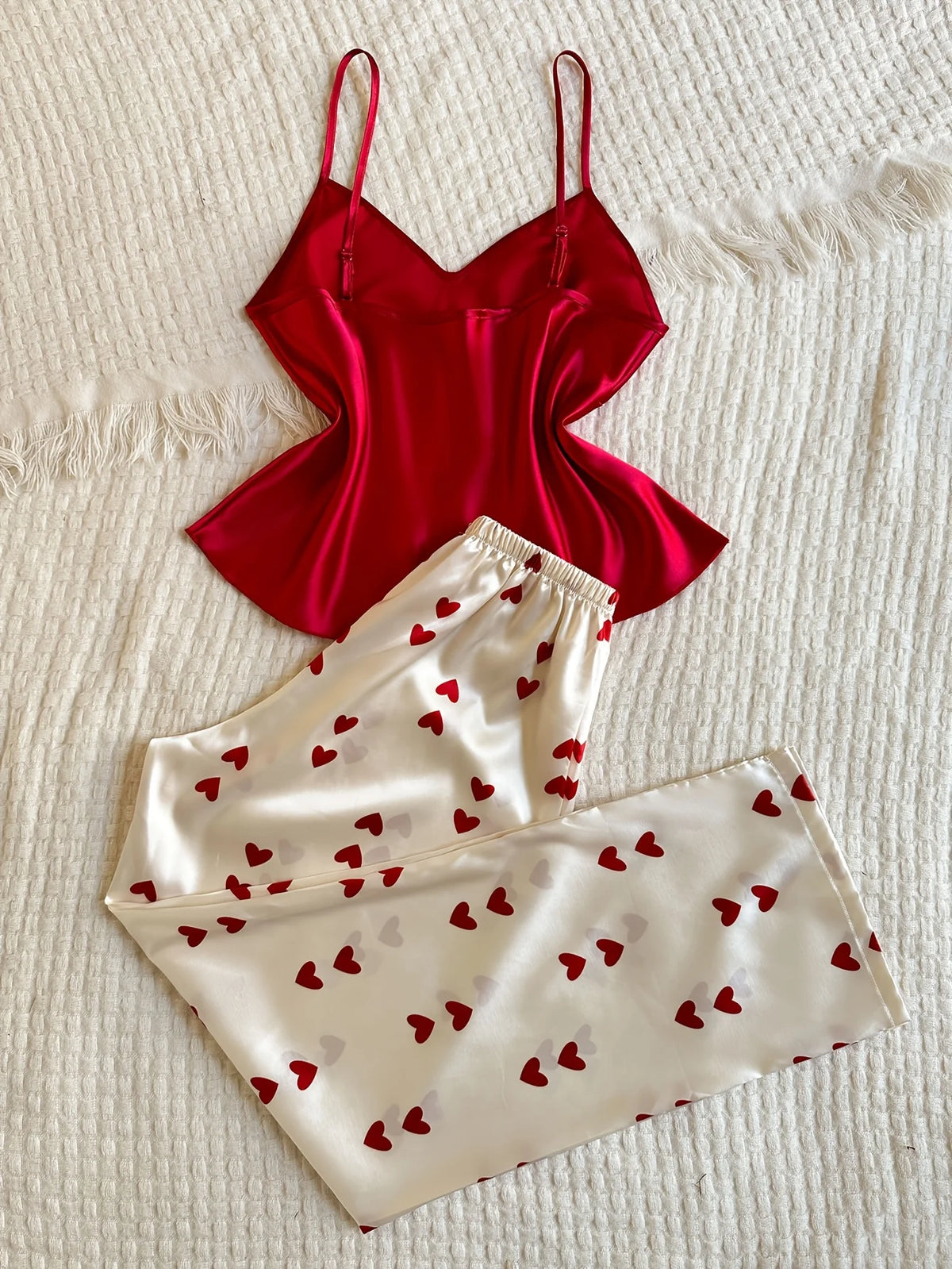 V Neck Heart Printed long Pants Casual Sleepwear Set