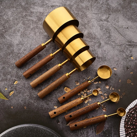 Wooden Handle Stainless Steel Measuring Cups Spoons