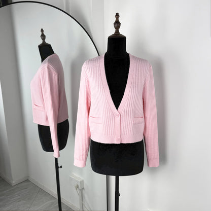 Vintage Plush Knit Button Patchwork Slim Short Cardigan Sweater