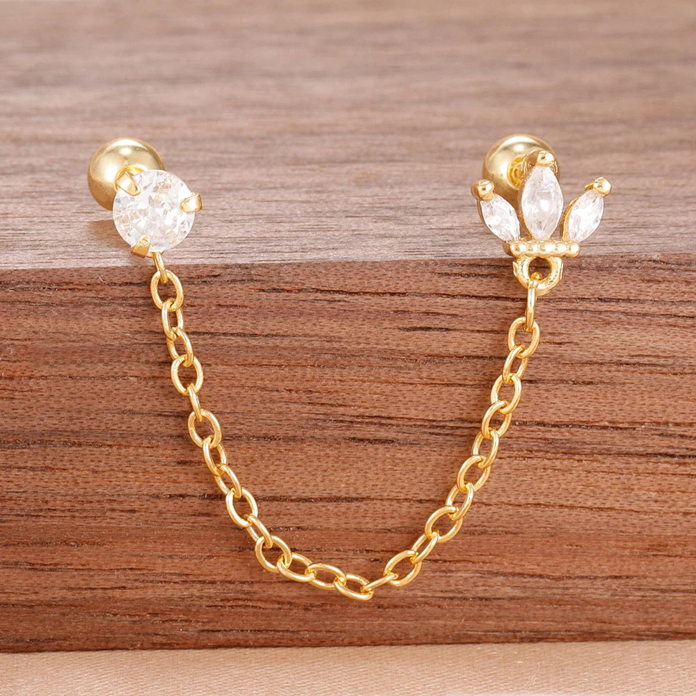 Stainless Steel Gold Color Chain Dangle Drop Zirconia Earrings