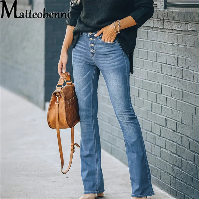 Flare Button Fly Vintage Stretch Casual Slim Jeans