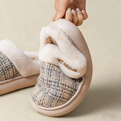 Winter Warm Fur Stripe Non Slip Comfort Flat Heel Slippers