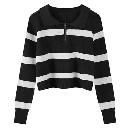 Loose Polo Neck Striped Korean Style Sweater