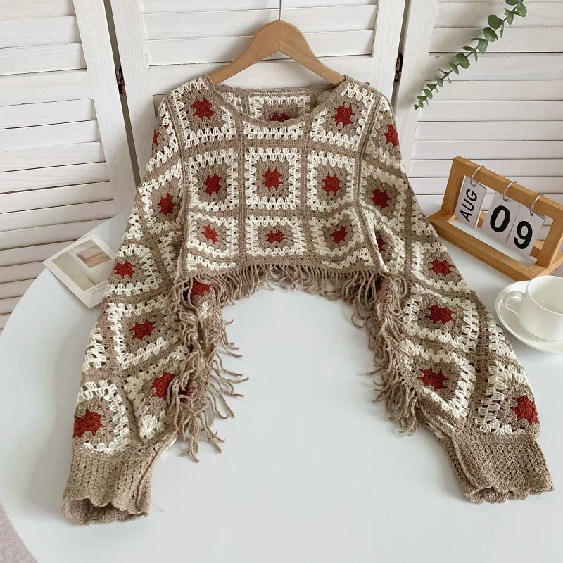Granny Square Top Fringed Crochet Knitted Top Batwing Sleeve Pullover Sweater