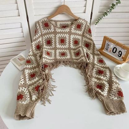 Granny Square Top Fringed Crochet Knitted Top Batwing Sleeve Pullover Sweater
