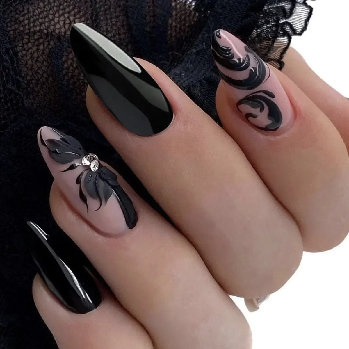 24pcs/Box Long Coffin False Nails Art Rose with Glue Wearable Jelly Nails