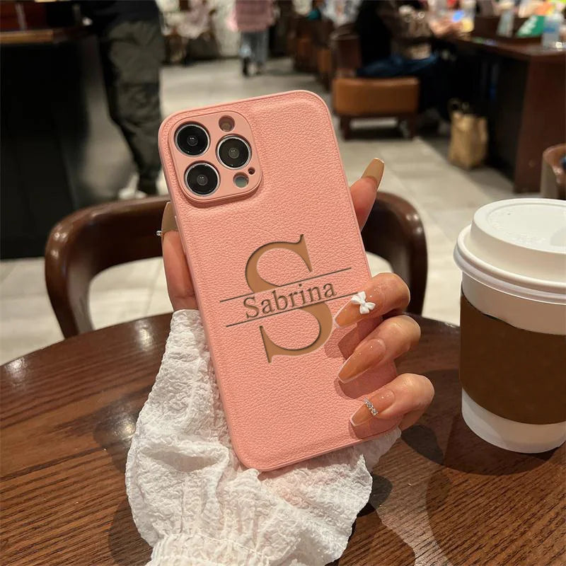 Initials Plus Big Letter Laser Engraving Leather iPhone Cover