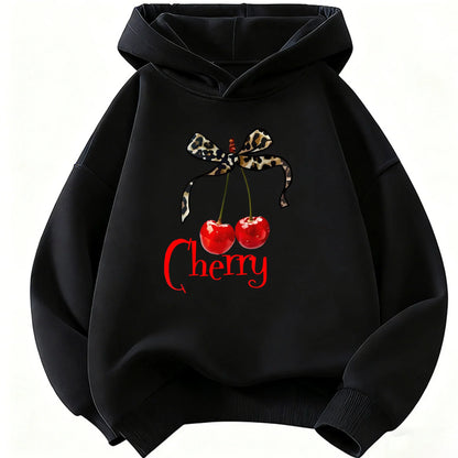 Leopard Bow with Cherry Print Hoodie Sweatshirt Y2k Hoody