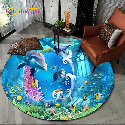 3D Seabed Illusion Underwater World Dolphin Round Area Rug