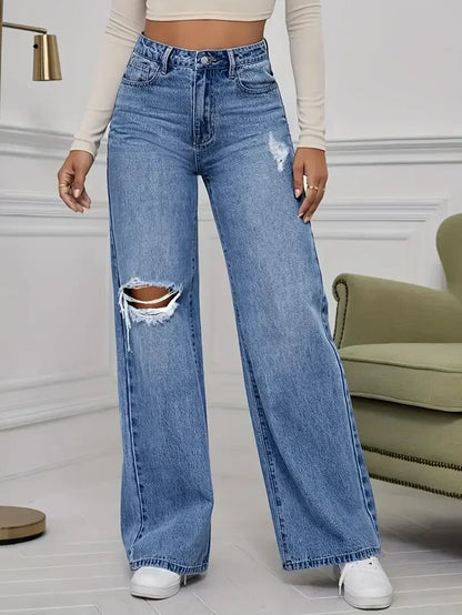 Wide Leg Vintage Distressed Ripped Floor Length Jeans Pants