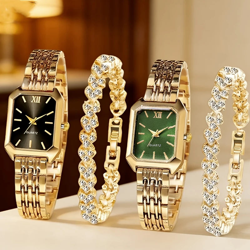 4PCS/Set Elegant Rectangle Quartz Wristwatch Heart Bracelets Set