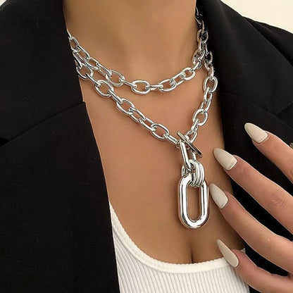 Metal Thick Chains Big Elliptical Pendant Necklace