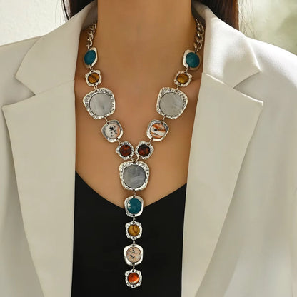 Y-Shaped Long Chunky Chain with Geometric Pendant Bohemian Necklace