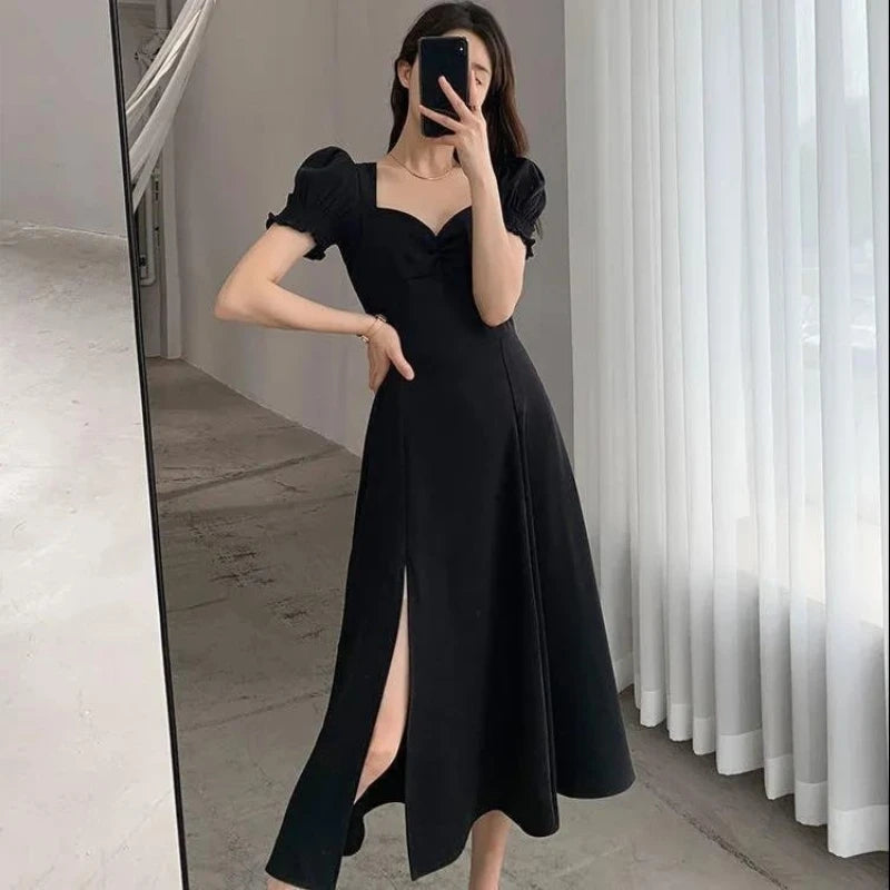 Solid Puff Short-Sleeved Elegant Slit Dress