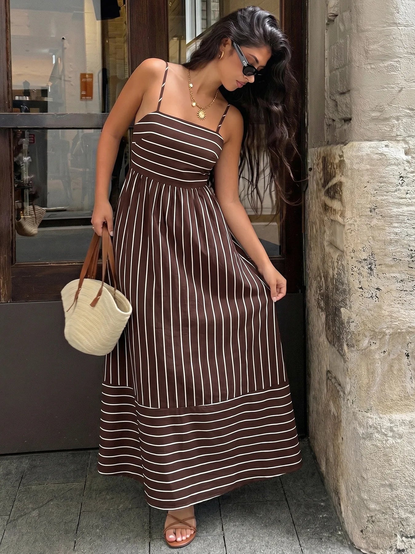 Striped Backless Loose Beach Causal Slip Strapless Long Dress