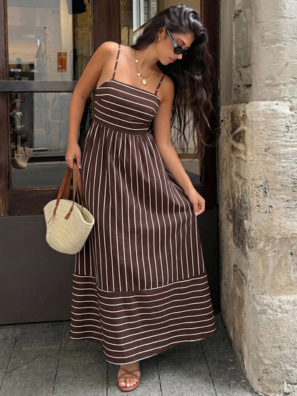 Striped Backless Loose Beach Causal Slip Strapless Long Dress
