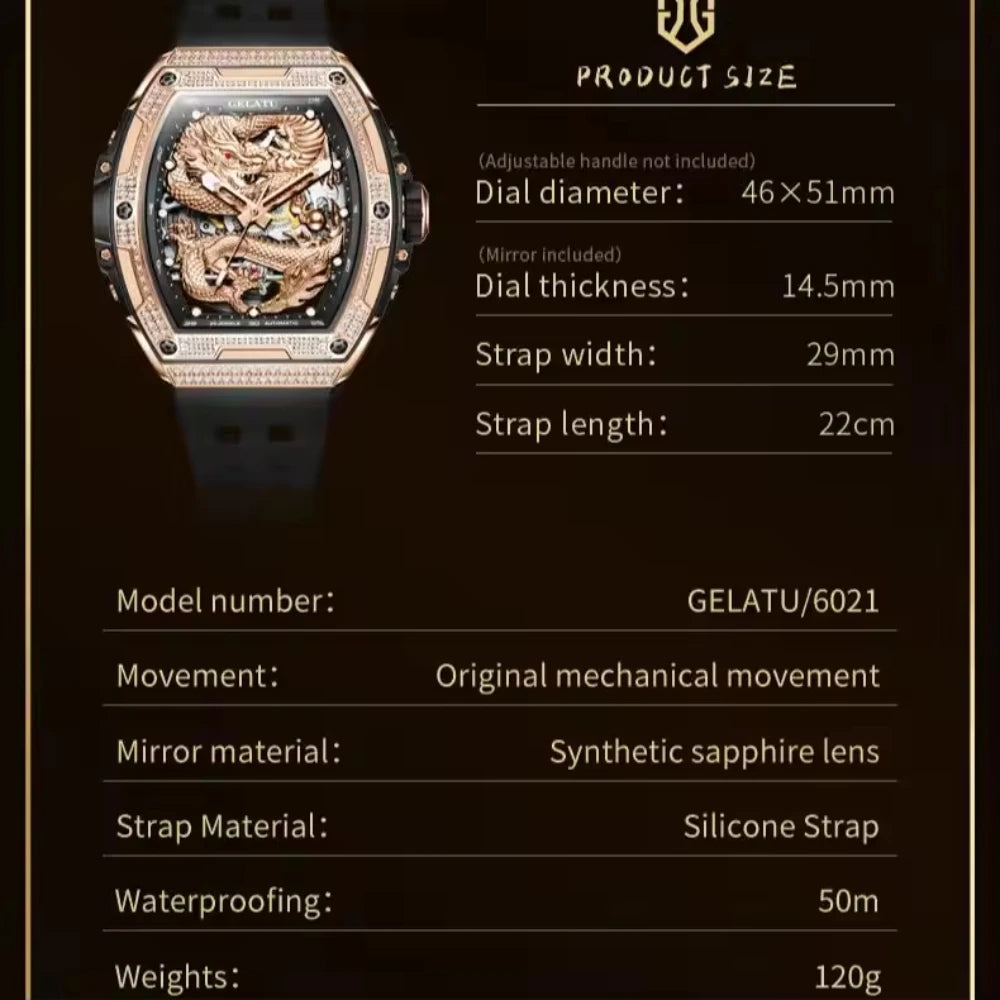 Hollow Silicone Strap Waterproof High Full Diamond Dragon Dial Automatic Mechanical Watch