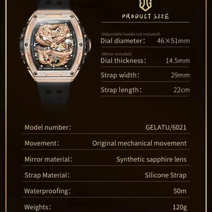 Hollow Silicone Strap Waterproof High Full Diamond Dragon Dial Automatic Mechanical Watch