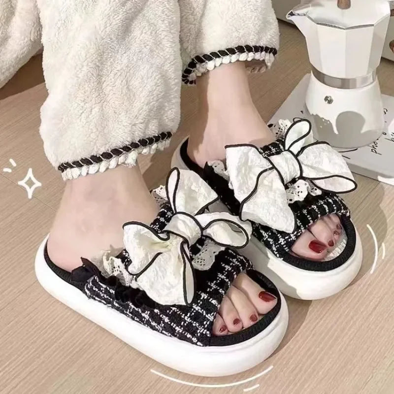 Linen Cute Platform Black Bow Soft Slippers