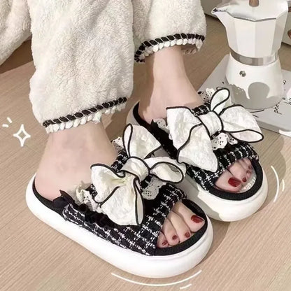 Linen Cute Platform Black Bow Soft Slippers