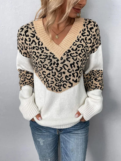 Casual Leopard V-Neck Long-Sleeved Loose Fitting Pullover Knitted Sweater Jumper