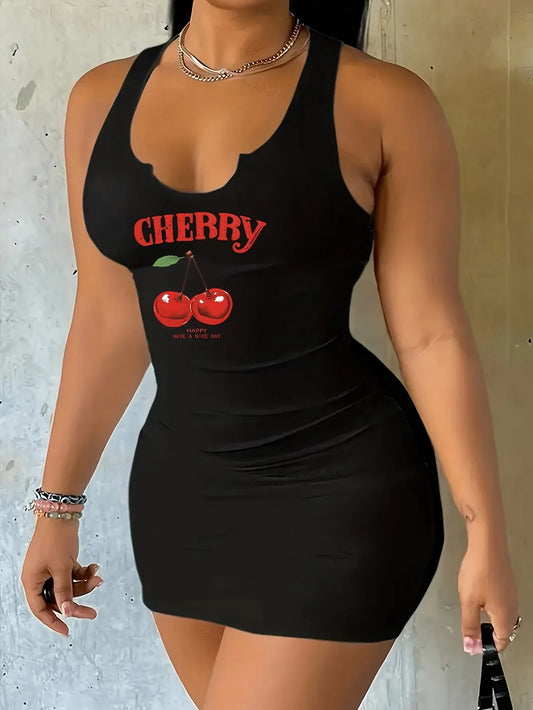 Casual Sexy Cherry Print Round Neck Vest Dress