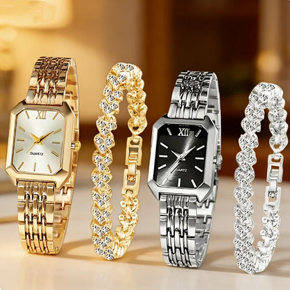4PCS/Set Elegant Rectangle Quartz Wristwatch Heart Bracelets Set