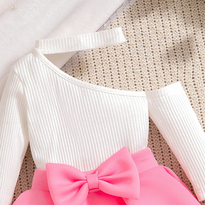 New Year 0-4Years Long Sleeve Big Bow Top Pink Half Skirt Toddler Autumn Sets
