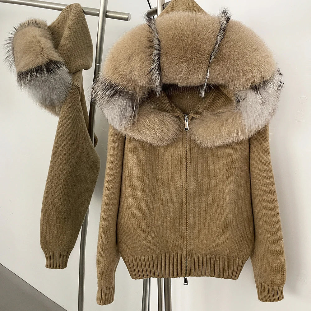 Autumn Winter Casual Hooded Real Fox Fur Collar Short Knitted Jacket