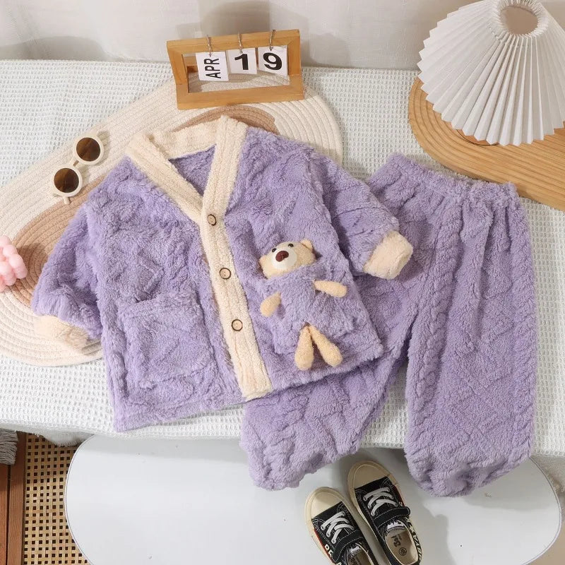 Fleece Thickened Coral Thermal Medium and Older Pajama Set