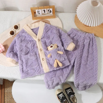 Fleece Thickened Coral Thermal Medium and Older Pajama Set