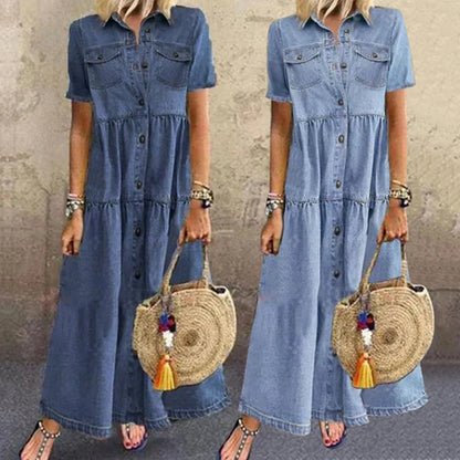 Short Sleeve Button Long Loose Dress