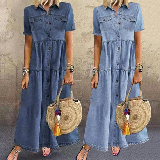 Short Sleeve Button Long Loose Dress