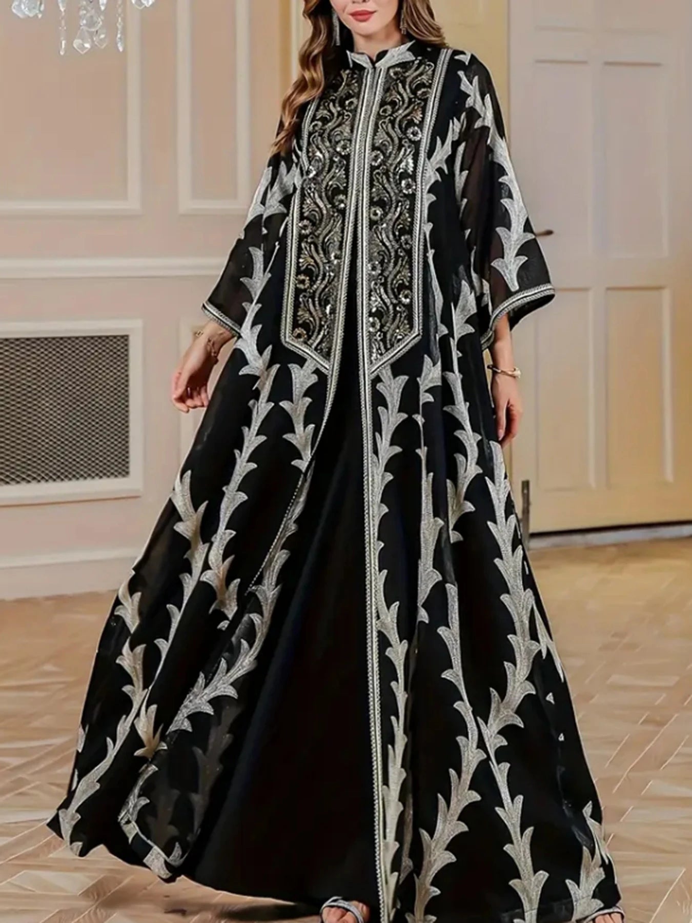 Long Robe Muslim Open Front Mesh Cover up Long Sleeve Dress