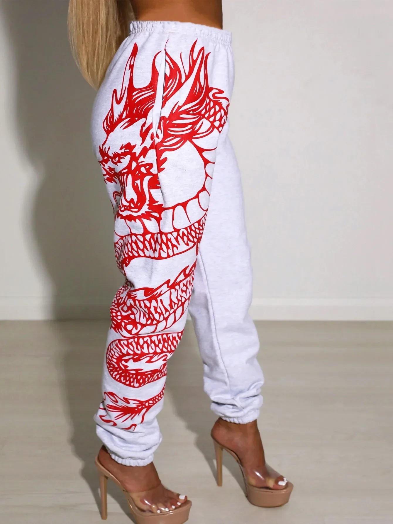 Printed Elastic Waist Sports Casual Pants