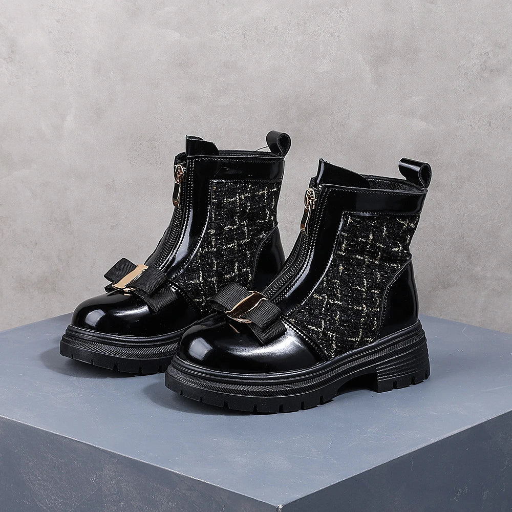 Toddler Black Tweed Bow Front Zipper Ankle Boots