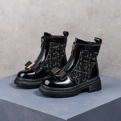 Toddler Black Tweed Bow Front Zipper Ankle Boots