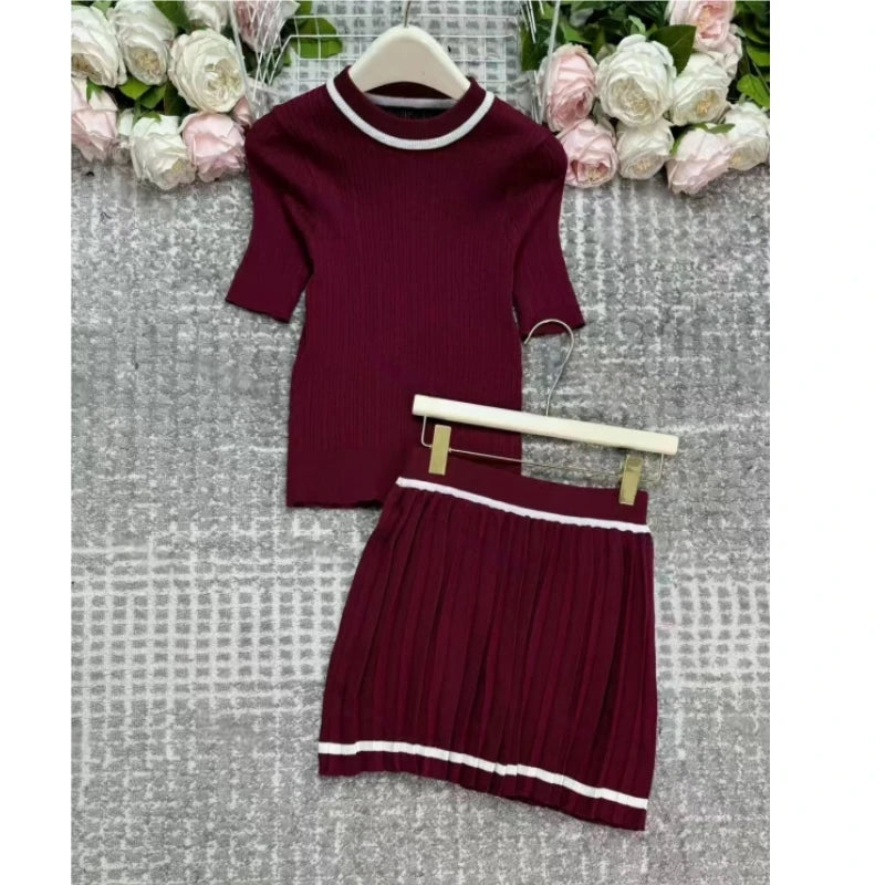 Short Sleeve Pleated Sexy Mini Skirts Set