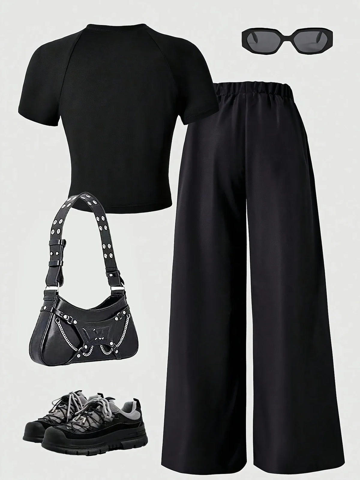 Summer and Autumn Casual Outfit Black Tight-Fitting Short-Sleeve Long Pants Set