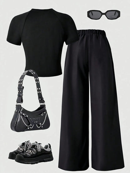 Summer and Autumn Casual Outfit Black Tight-Fitting Short-Sleeve Long Pants Set