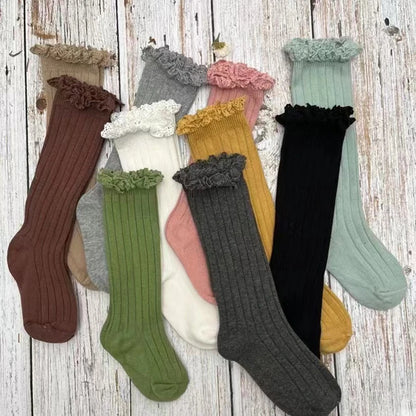 Ruffle Knee High Socks Baby Girls Toddlers Long Soft Cotton Sock 0-8Years
