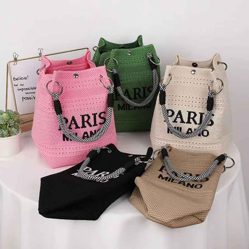 Letter Print Hollow Knit Bucket Lightweight Woven Handbag Small Tote Bag