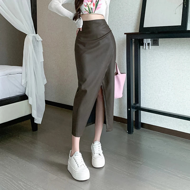 Autumn Winter Front Split PU Leather Long Skirts