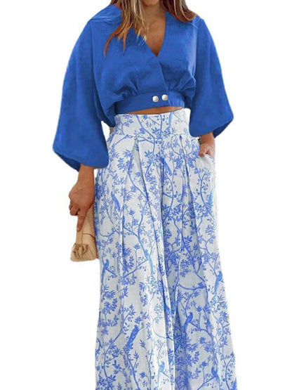 V-neck Long Sleeve Shirt And Straight Print Wide Leg Long Pant Sets